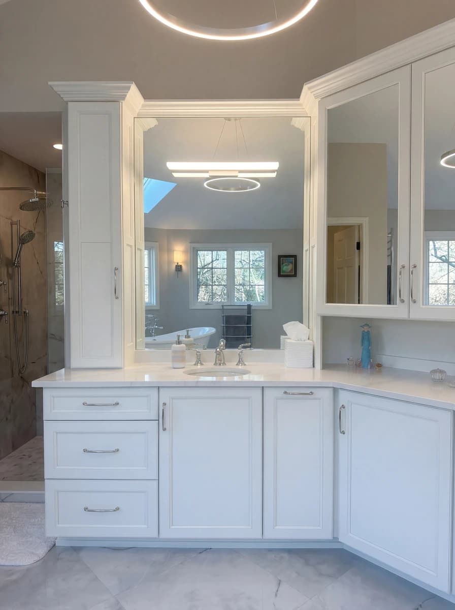 "Large, modern bathroom with clean, white cabinets, a double vanity, and a large mirror."