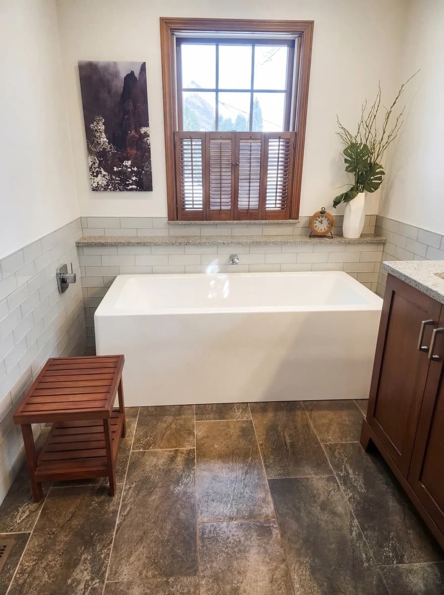 White bathtub in modern bathroom with wooden flooring, large window, and wooden bench.