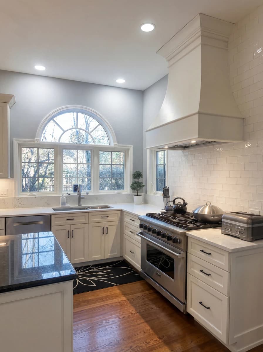 "Elegant kitchen with white cabinets and white subway tiles."
