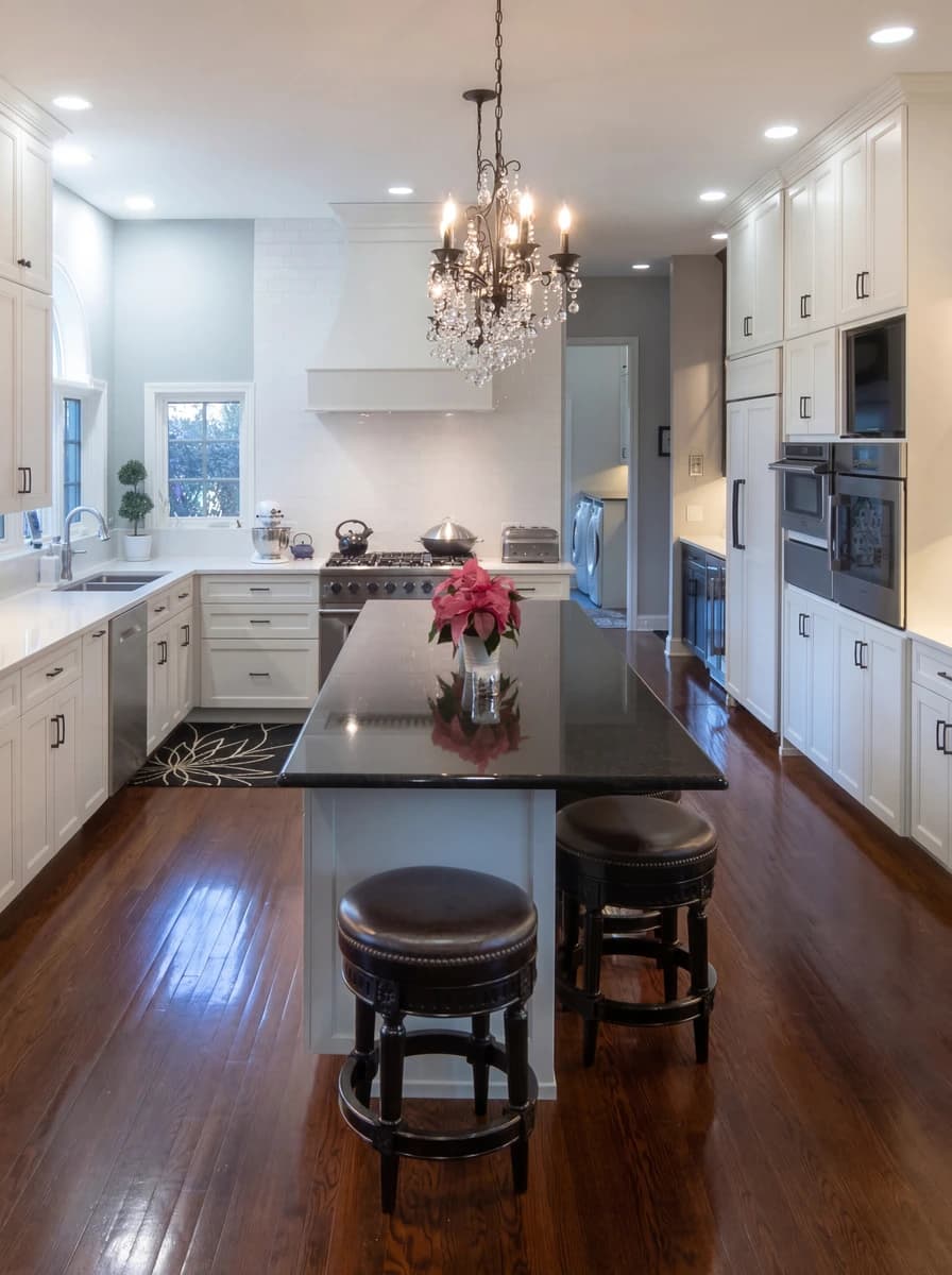 Modern kitchen with stainless steel appliances, dark wooden flooring, and white cabinetry.
