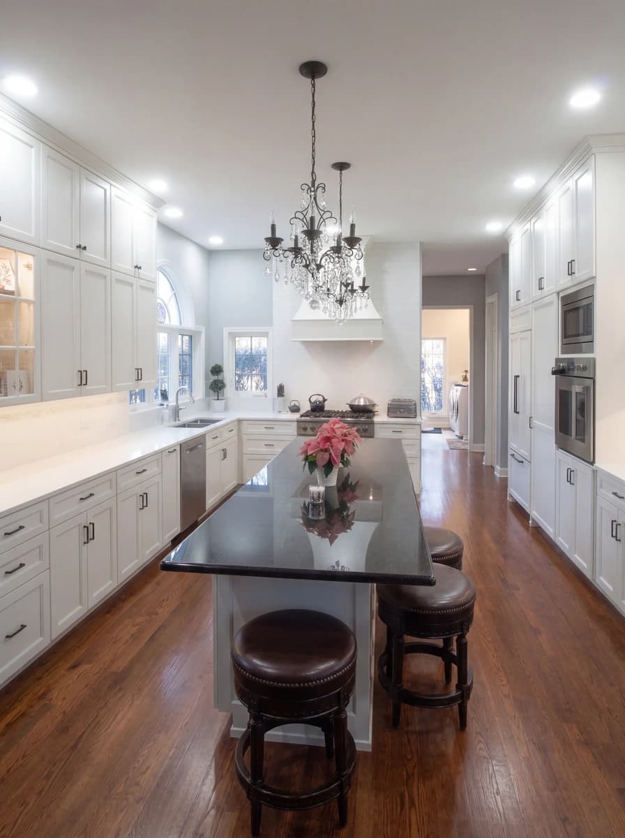 A modern kitchen with white cabinets, dark wood flooring, and a large island in the center.