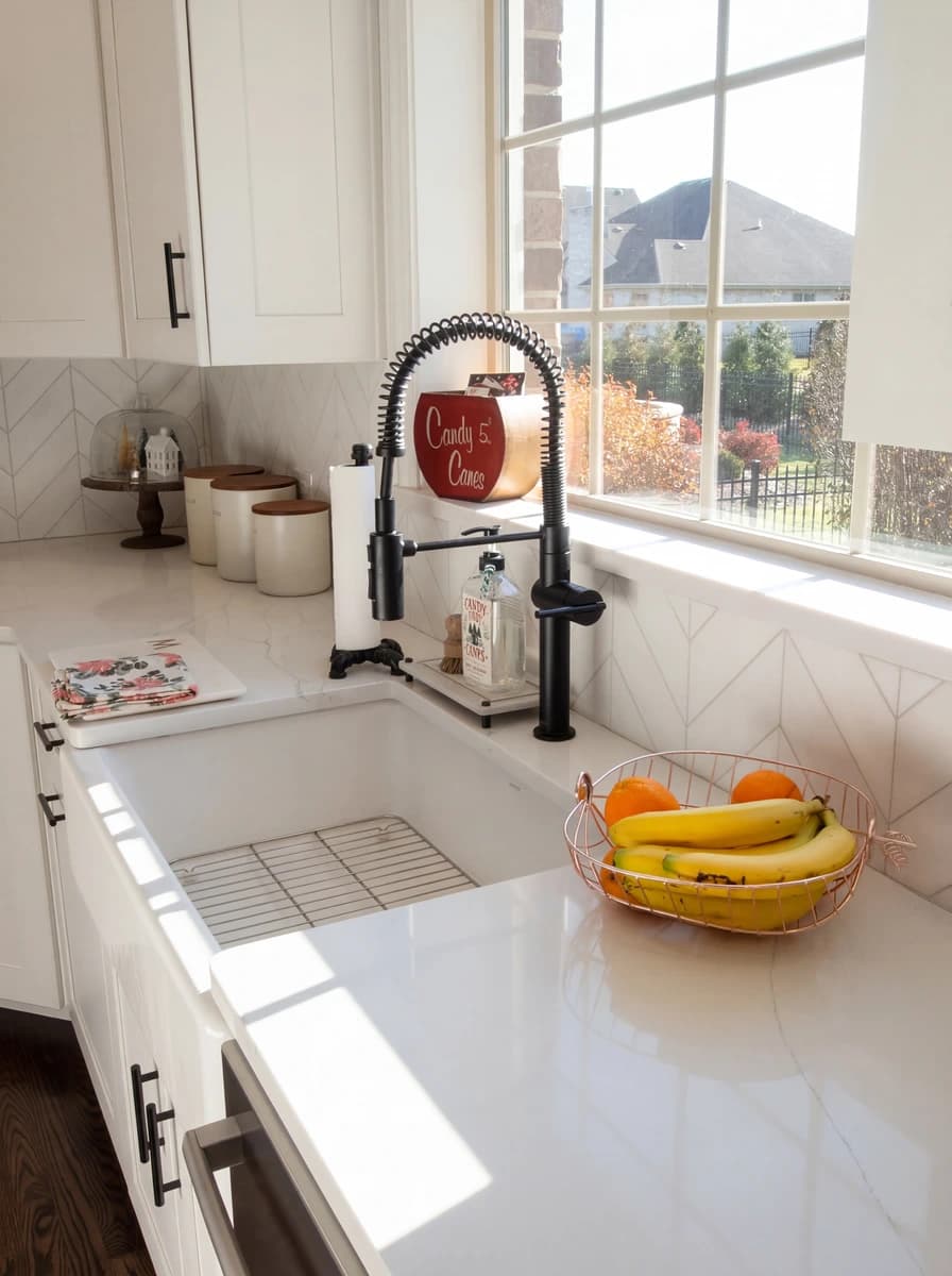 Modern kitchen with white countertops, black sink, and marble backsplash.