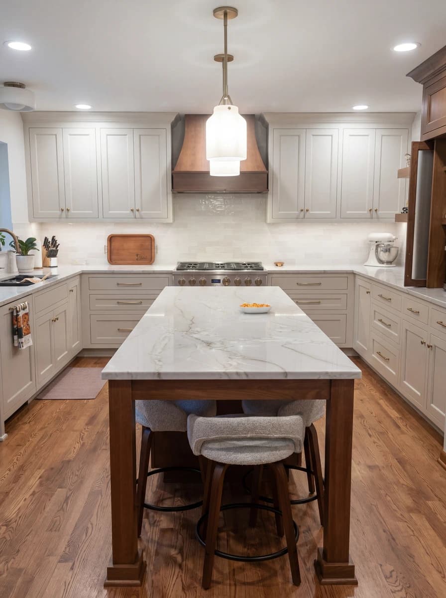Elegant kitchen with marble countertops, wood floors, and white cabinets.