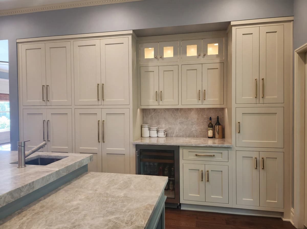 Large kitchen with light wood cabinets and a marble countertop.