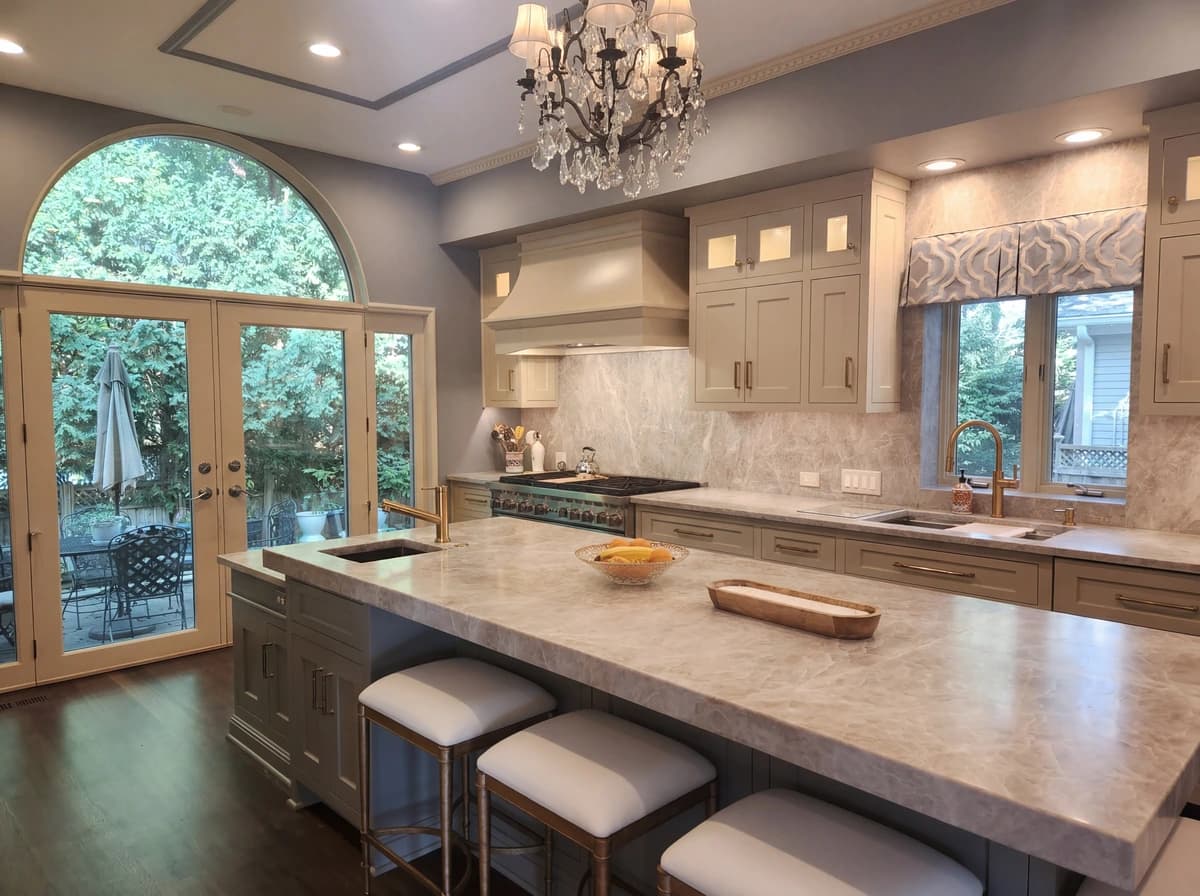 Modern kitchen with granite countertops, island bar, wooden floor, and grey cabinets.