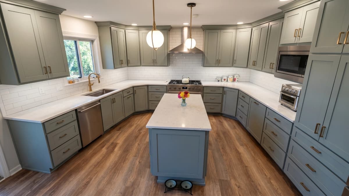 "A modern kitchen with blue cabinets, a marble island countertop, and stainless steel appliances."