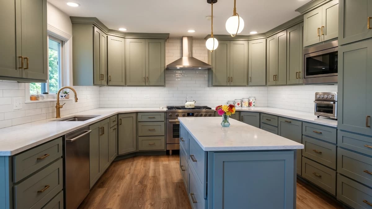 Modern kitchen featuring green cabinetry and white subway tile backsplash.