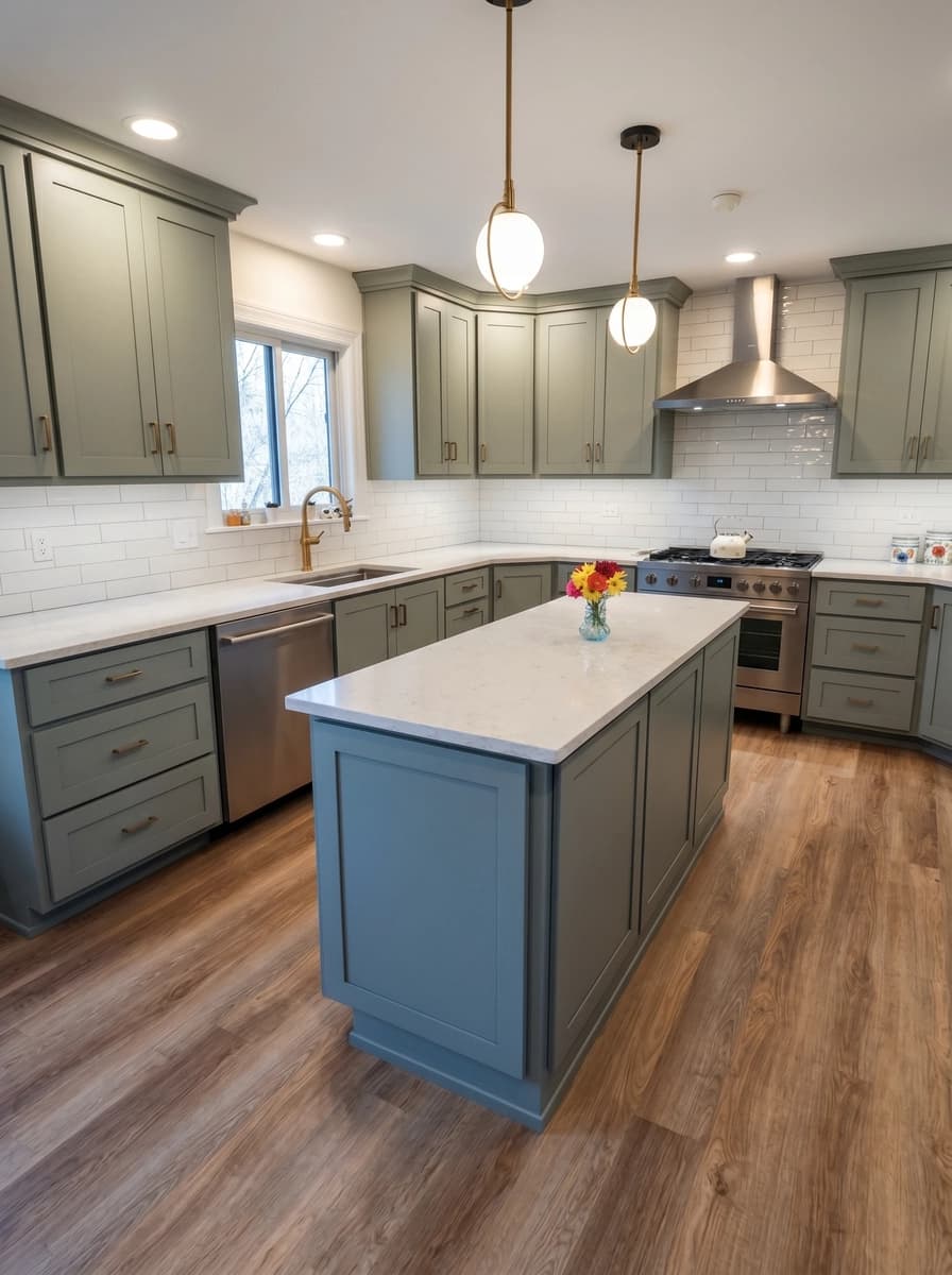 Modern kitchen with green cabinets and a marble countertop.