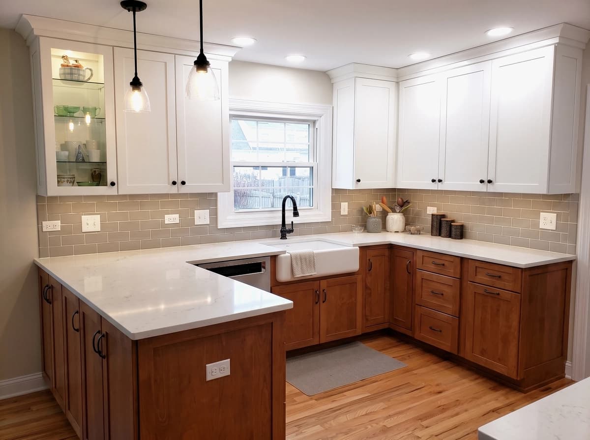 Bright kitchen with white cabinets, granite countertops, and stainless steel appliances.