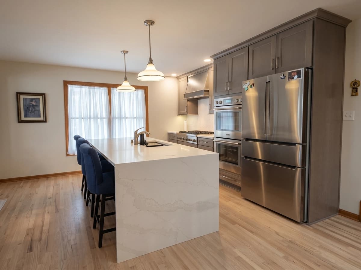 Kitchen remodeled with modern appliances, granite countertops, and blue cabinets.