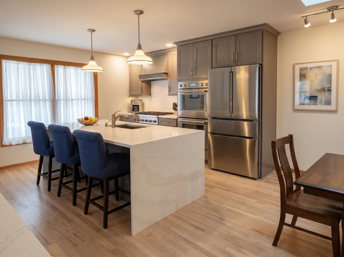 Modern kitchen with stainless steel appliances, marble counters, white cabinets, wood flooring.