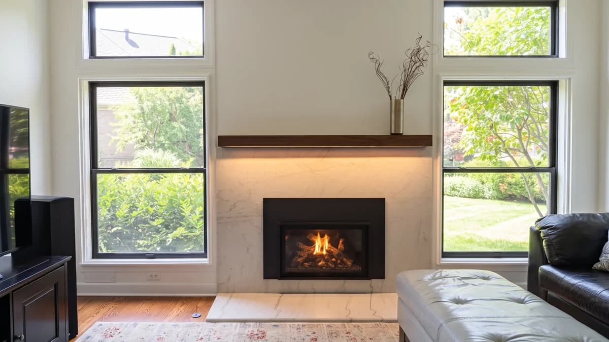 Contemporary living room with marble fireplace, wood mantel, under-mantel lighting, and black-framed windows.