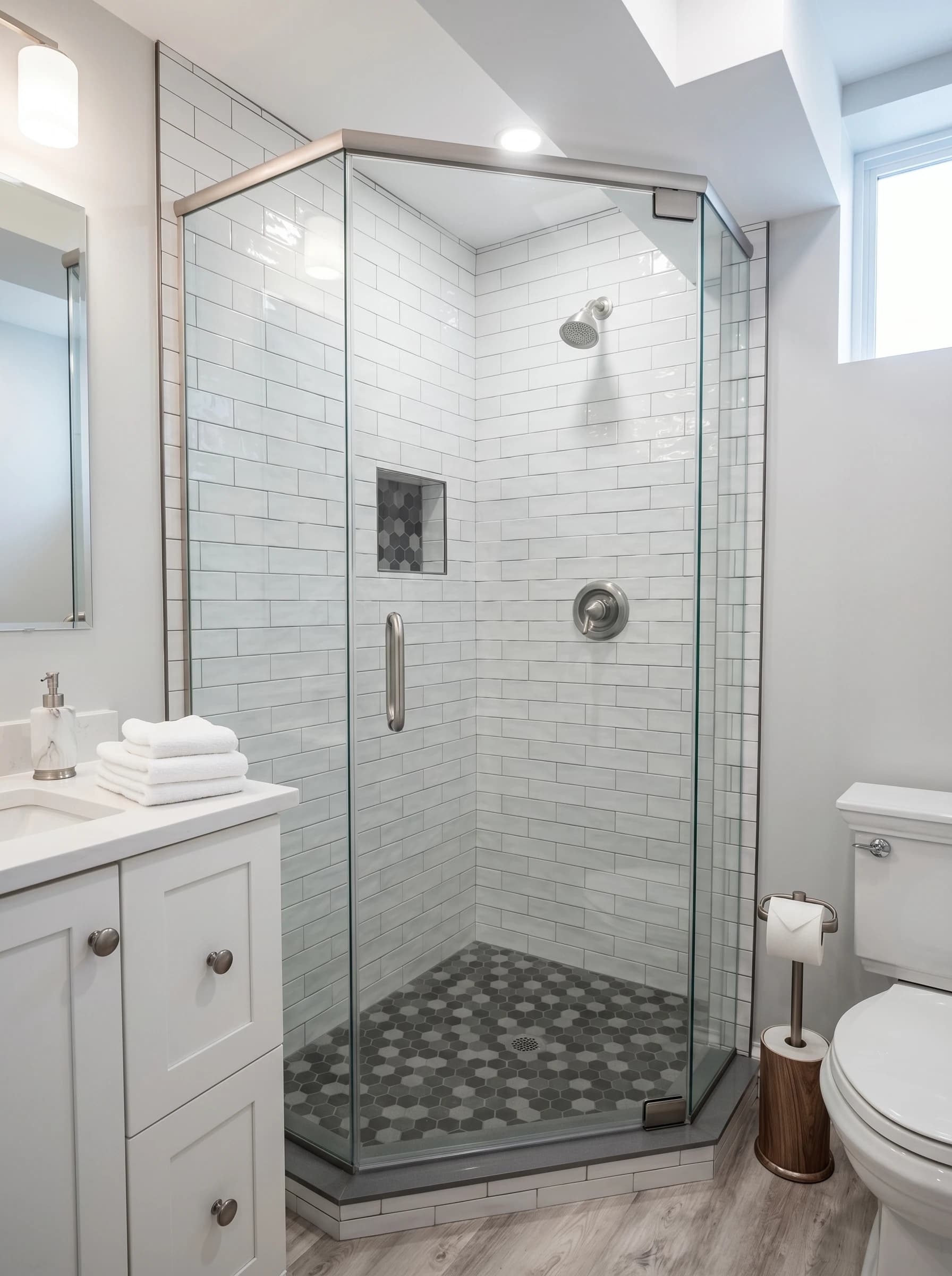Clean modern shower stall with glass doors and gray tile walls.