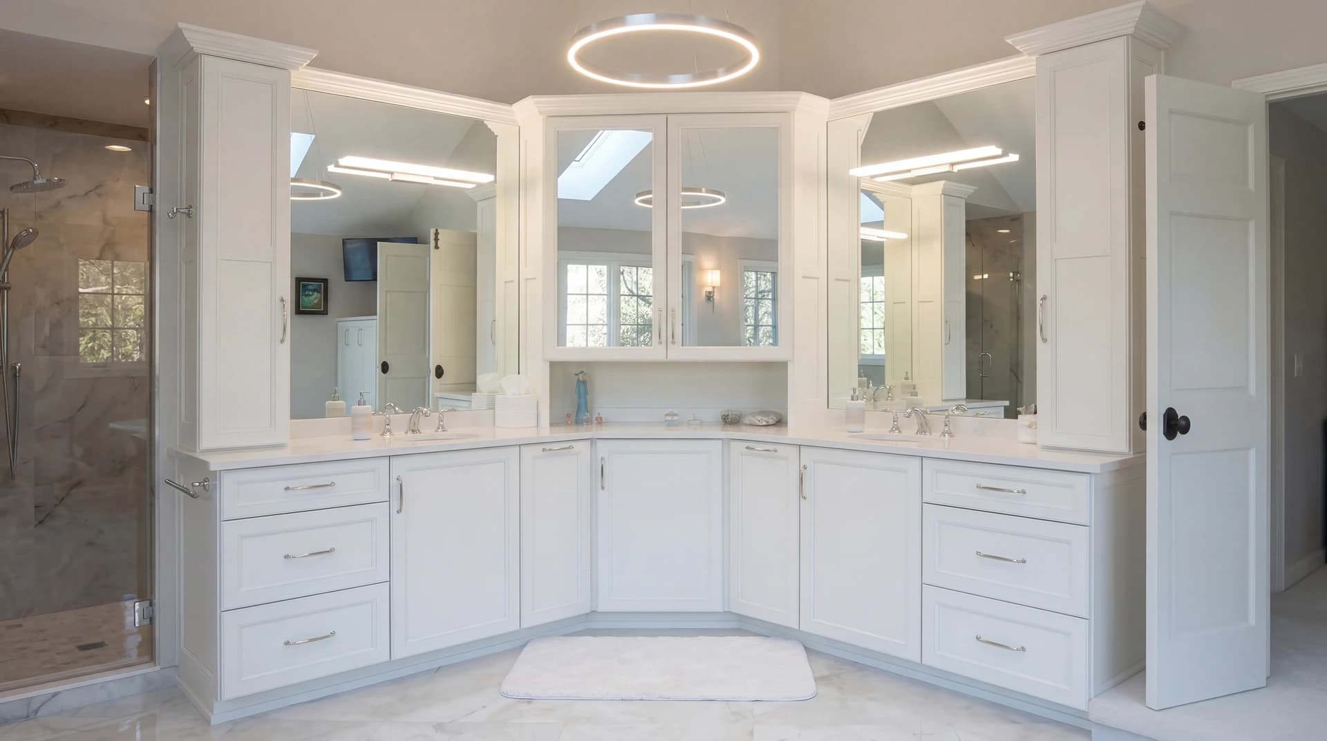 Modern bathroom with white cabinetry and marble countertops.