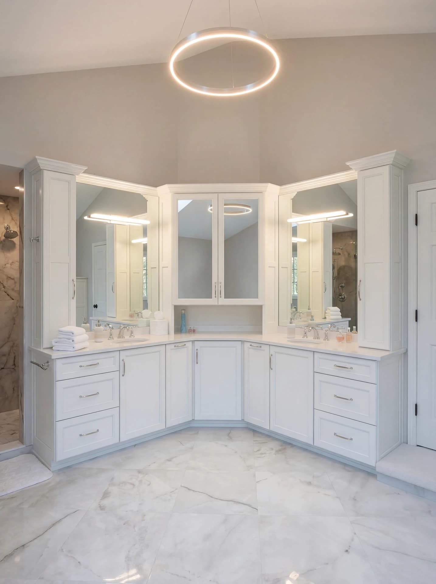 White double sink bathroom vanity with marble countertop, chrome fixtures, circular ring light.