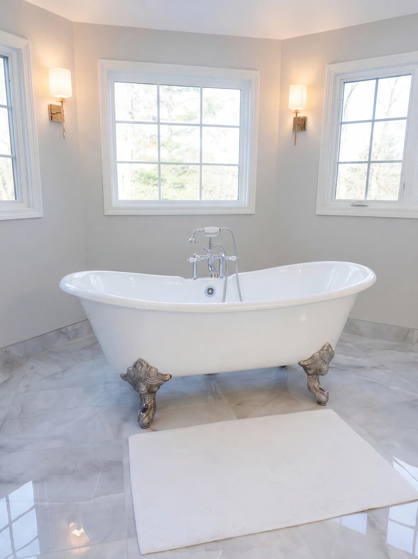 Large white bathroom tub with chrome fixtures and marble floors.