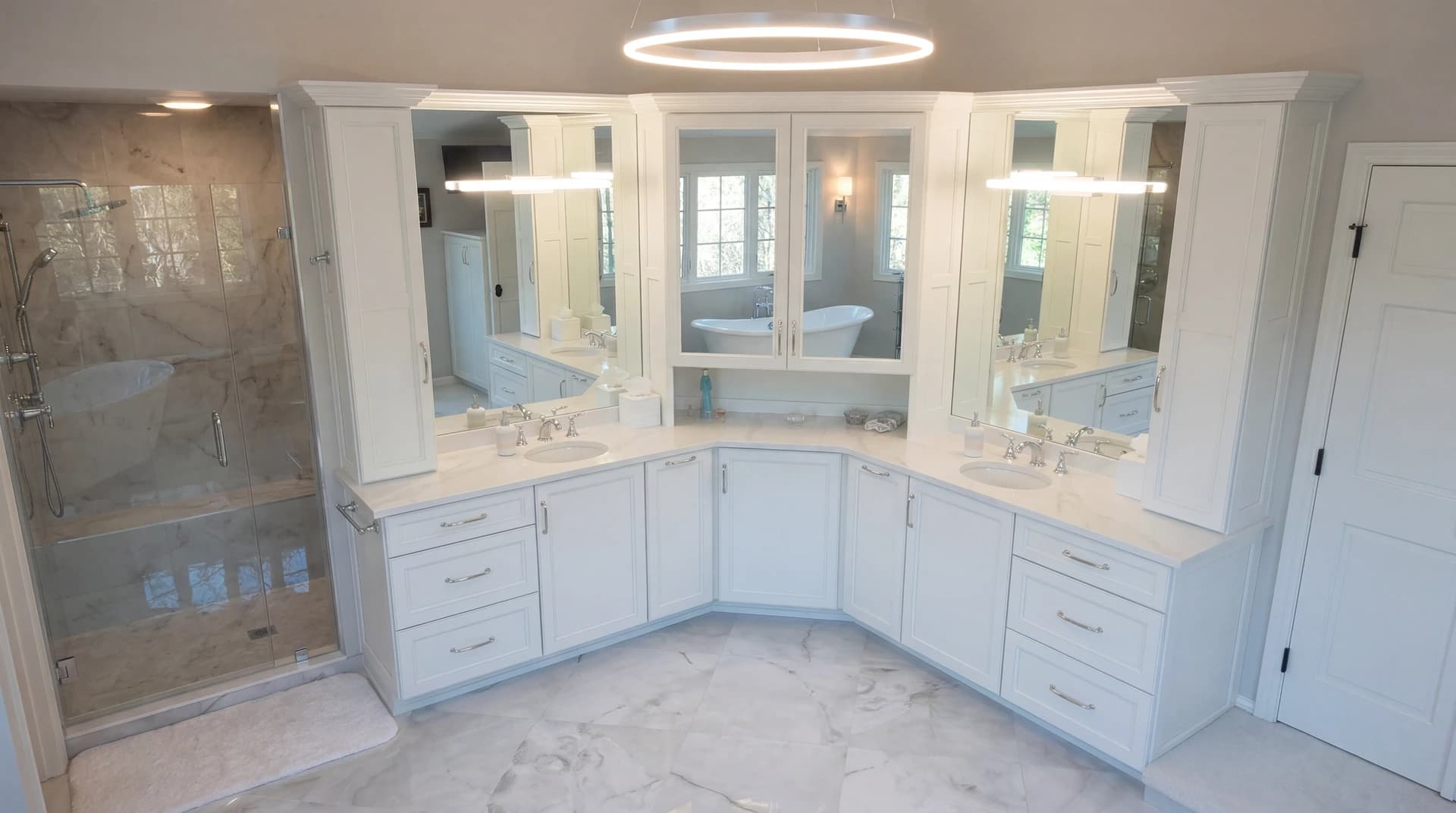 White double sink bathroom vanity with large mirrored cabinet and chrome fixtures.