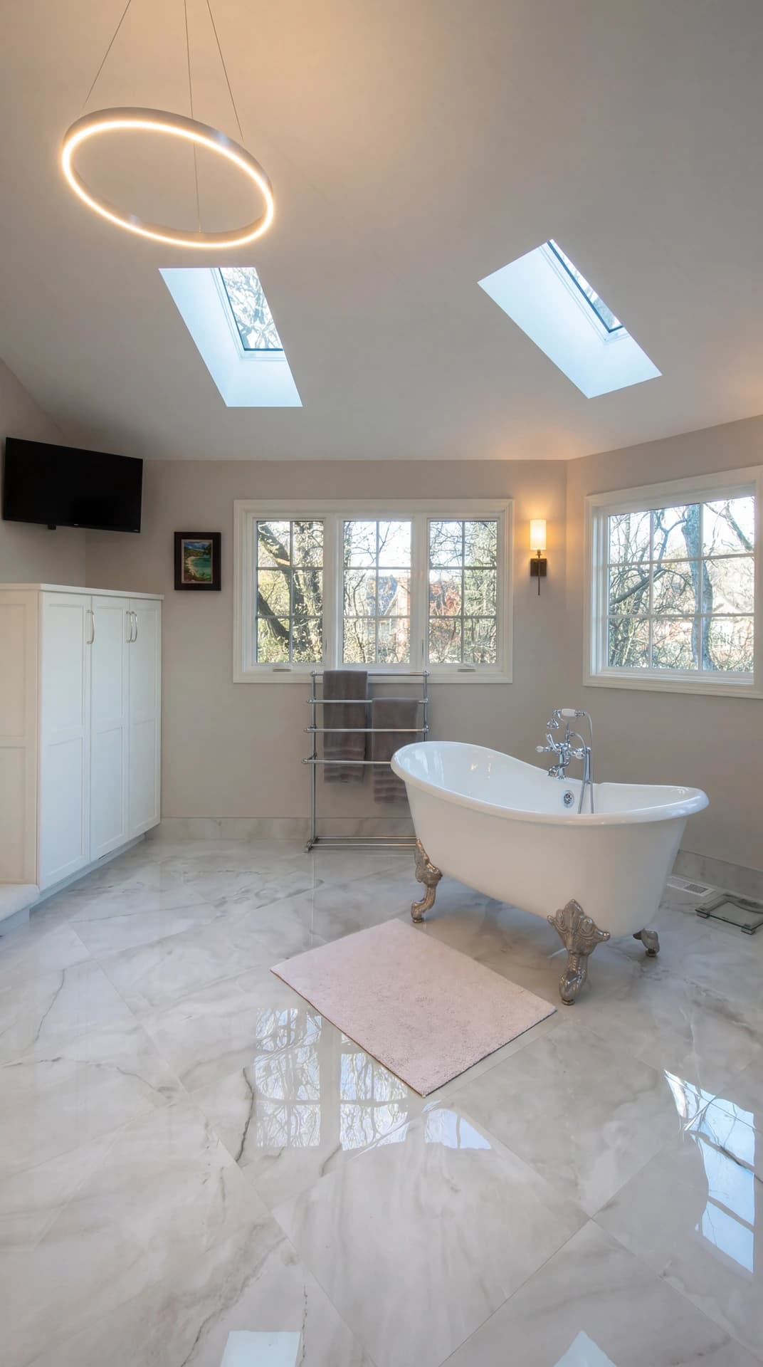 A modern bathroom with a large tub, double sink vanity, and tiled floors.