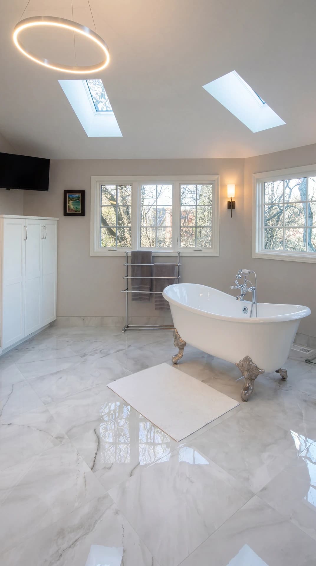 Elegant modern bathroom with a marble floor, white bathtub, and skylights.