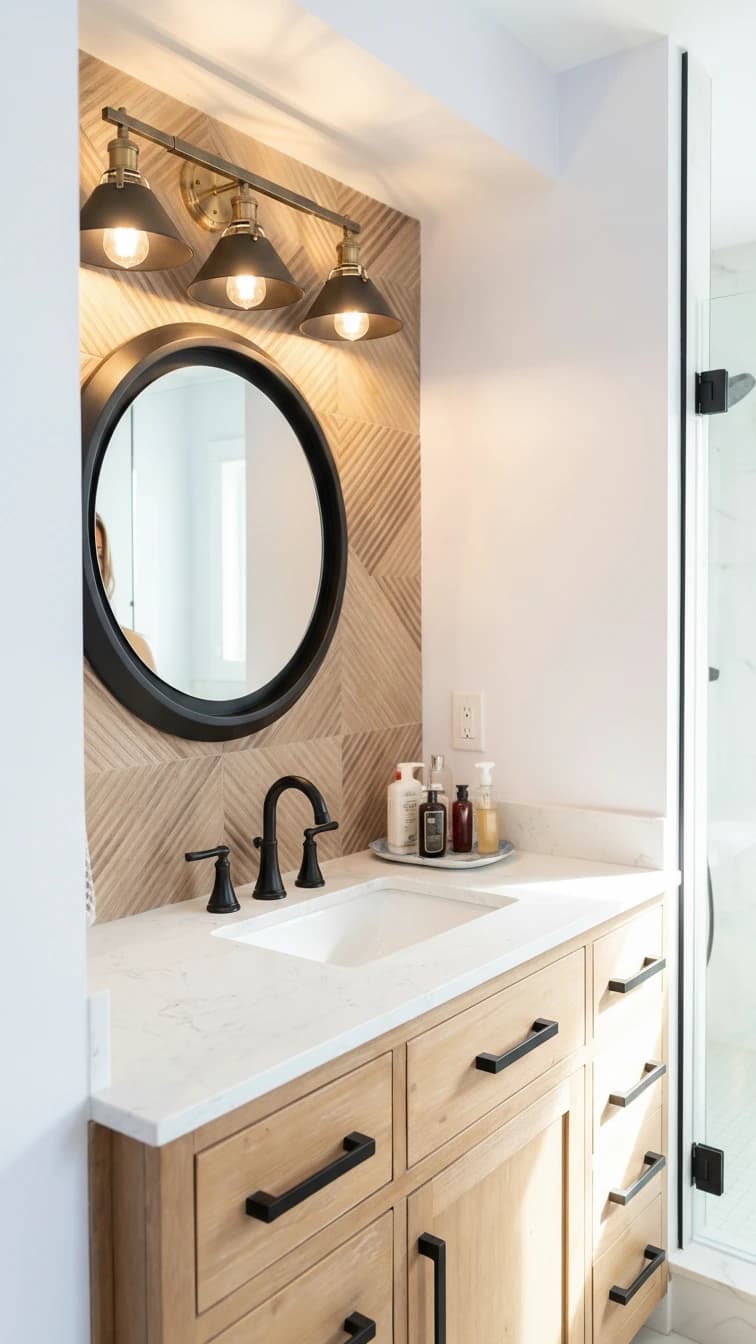 Modern bathroom with white cabinetry, grey countertop, and a round mirror.