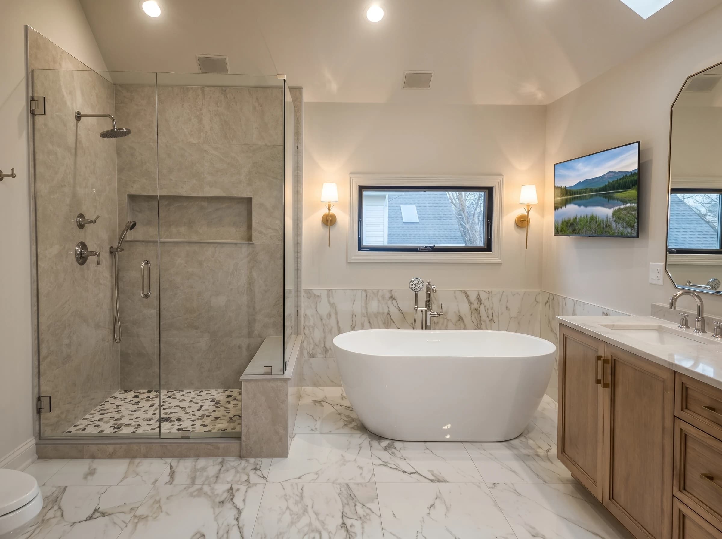 Luxury bathroom with large white bathtub, granite countertops, and marble flooring.