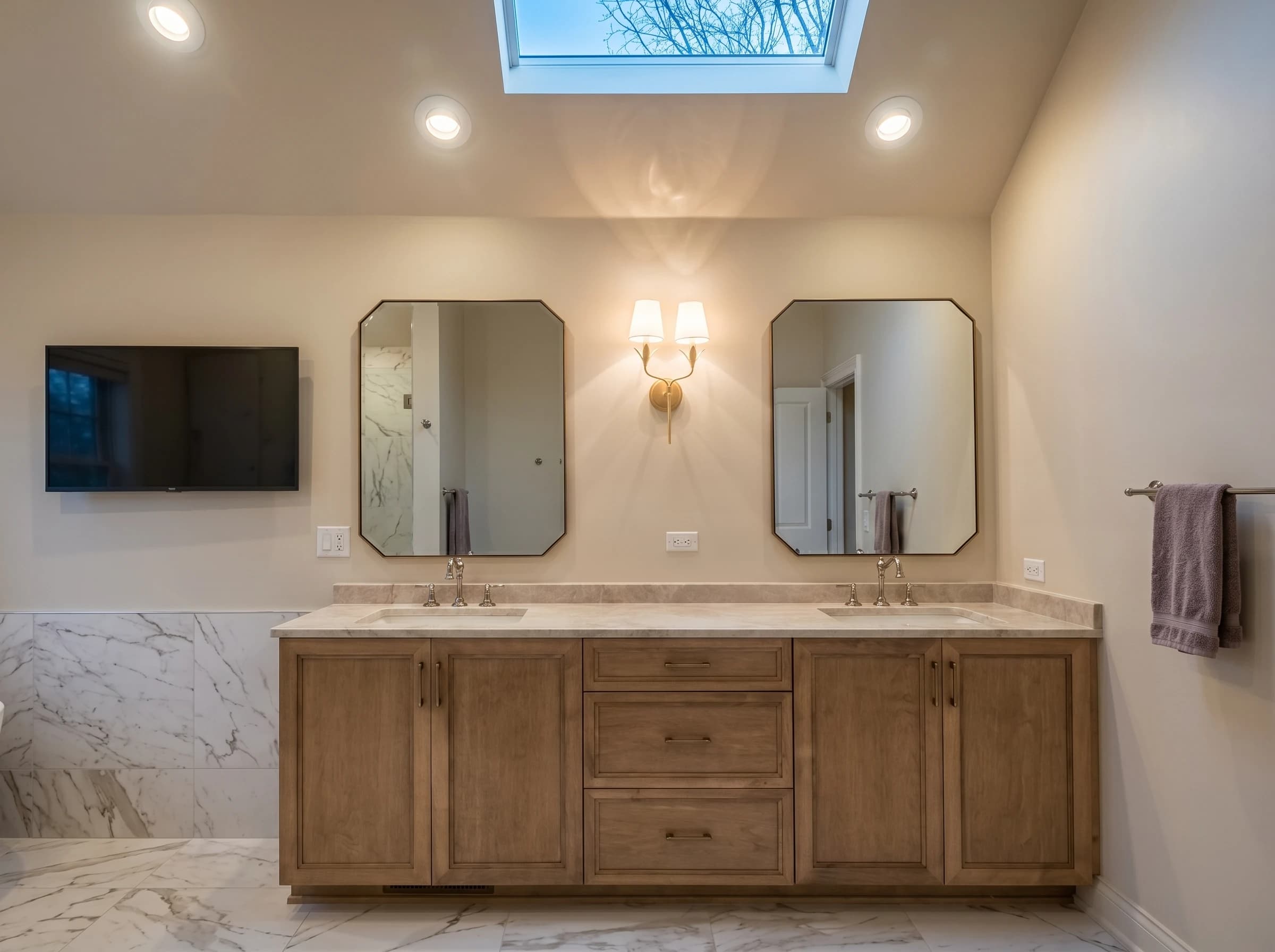 Elegant bathroom with double vanity, marble walls, and wooden cabinets.