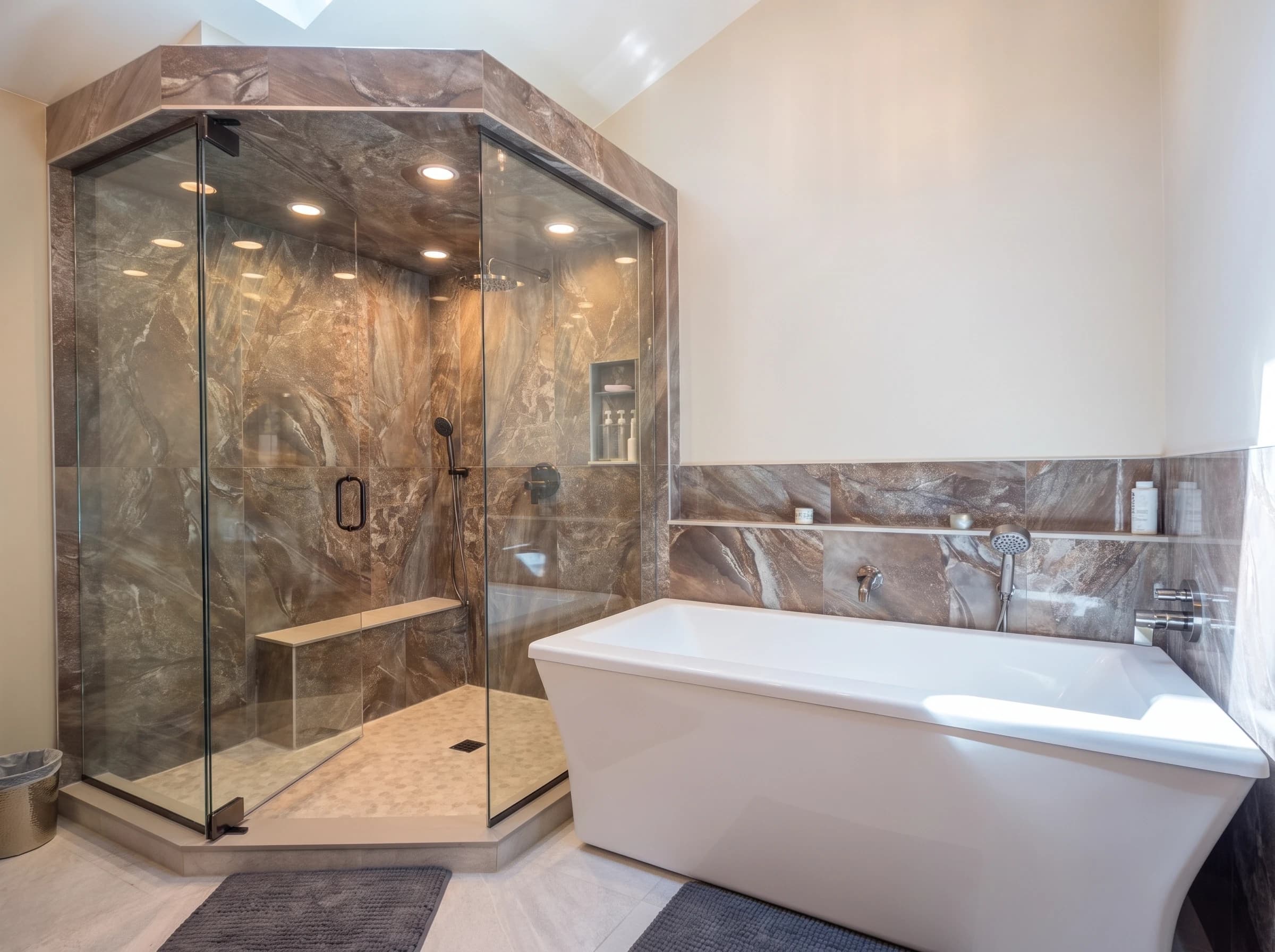 Glass walk-in shower with brown marble-pattern tile, built-in bench, and freestanding white soaking tub.