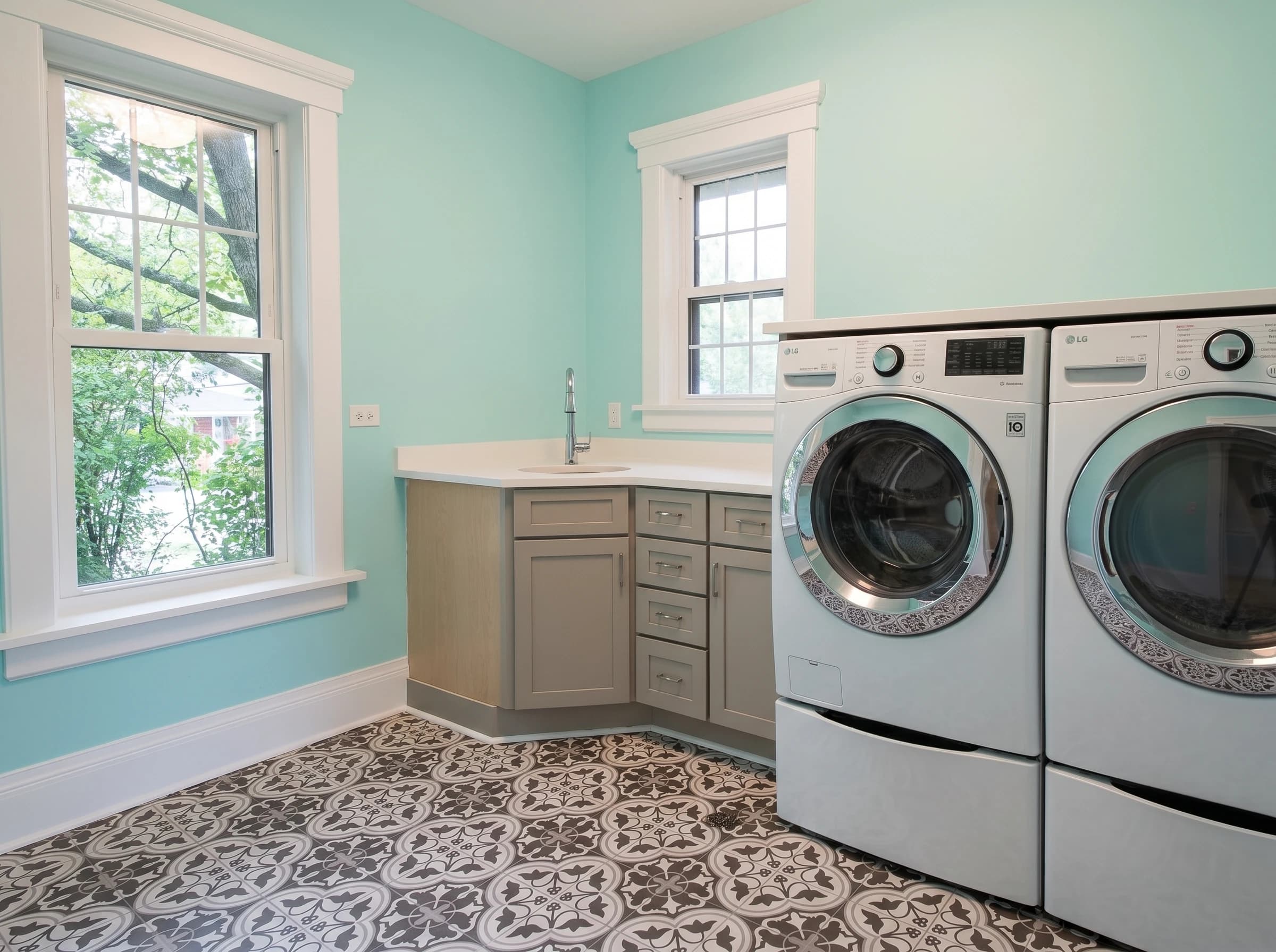 A modern kitchen with stainless steel appliances, a large window, and light blue walls.