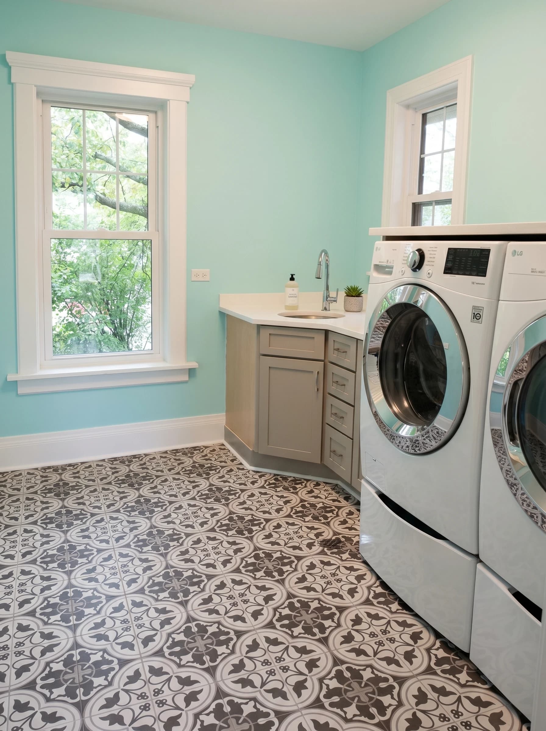 Bright blue walls surround a custom dog washing station with white cabinets and chrome appliances.