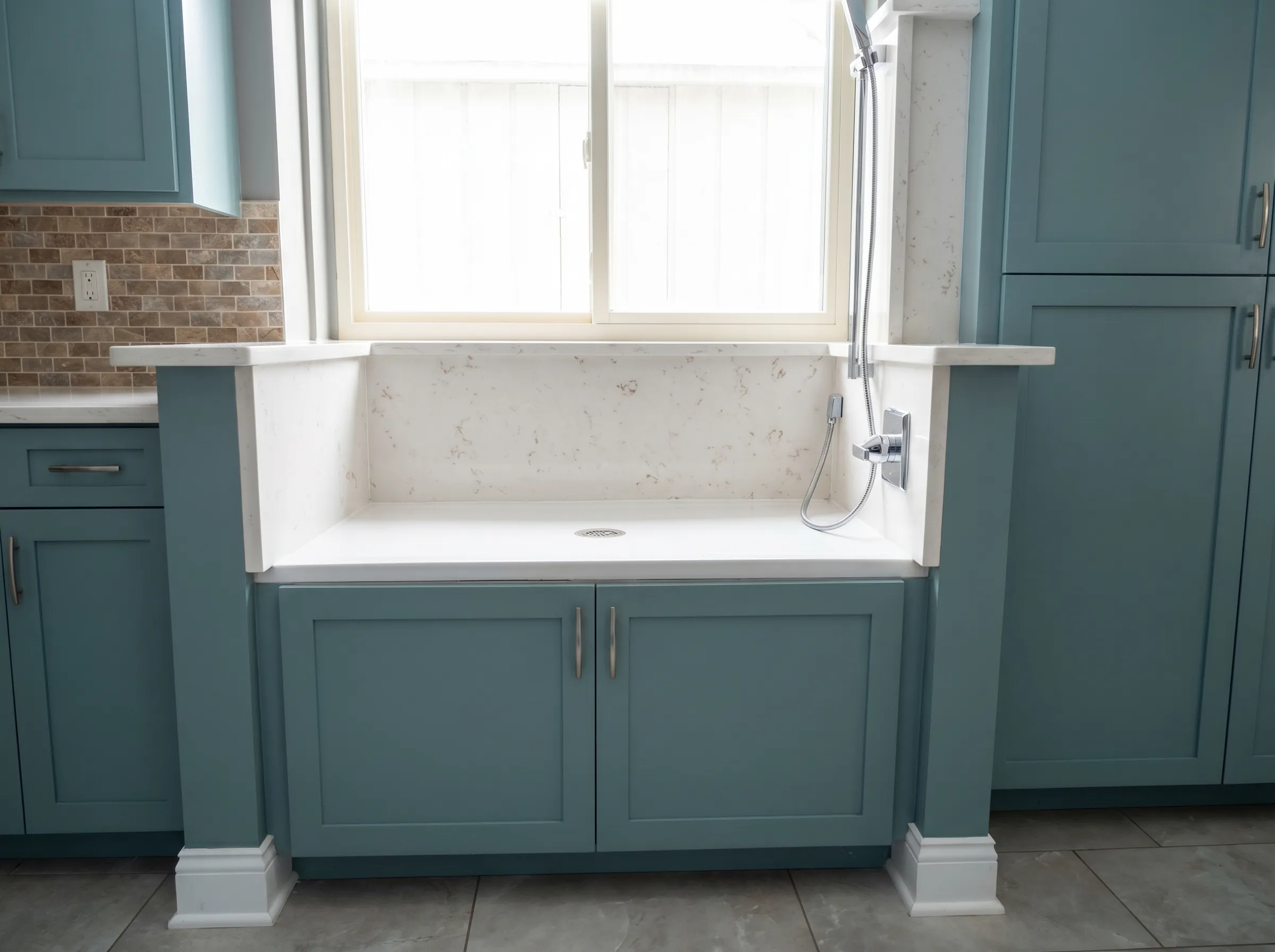 Custom dog washing station, blue cabinets, white countertop, gray wall tiles, and a large window.