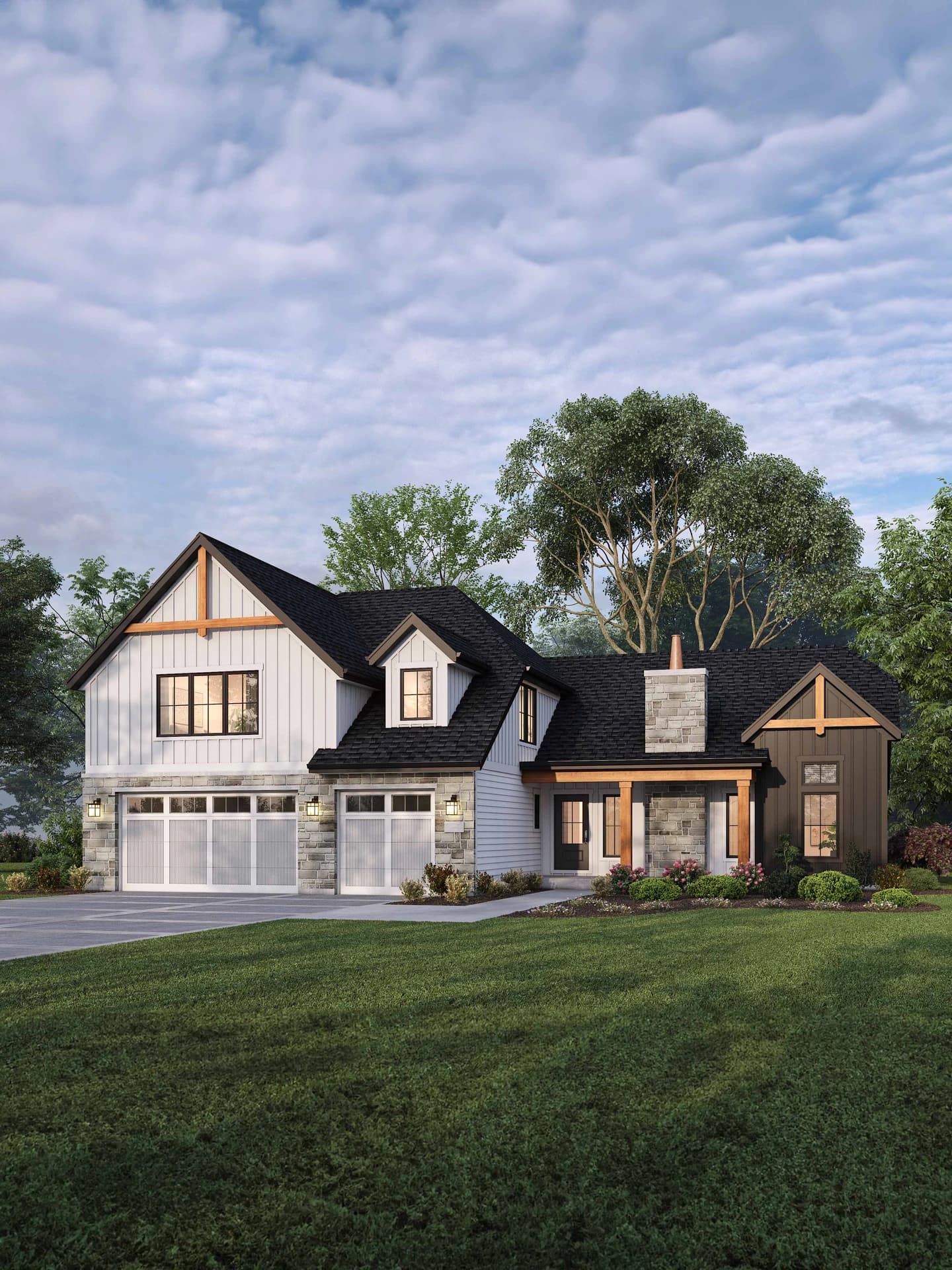 New modern home with black roof, white walls, and gray garage.