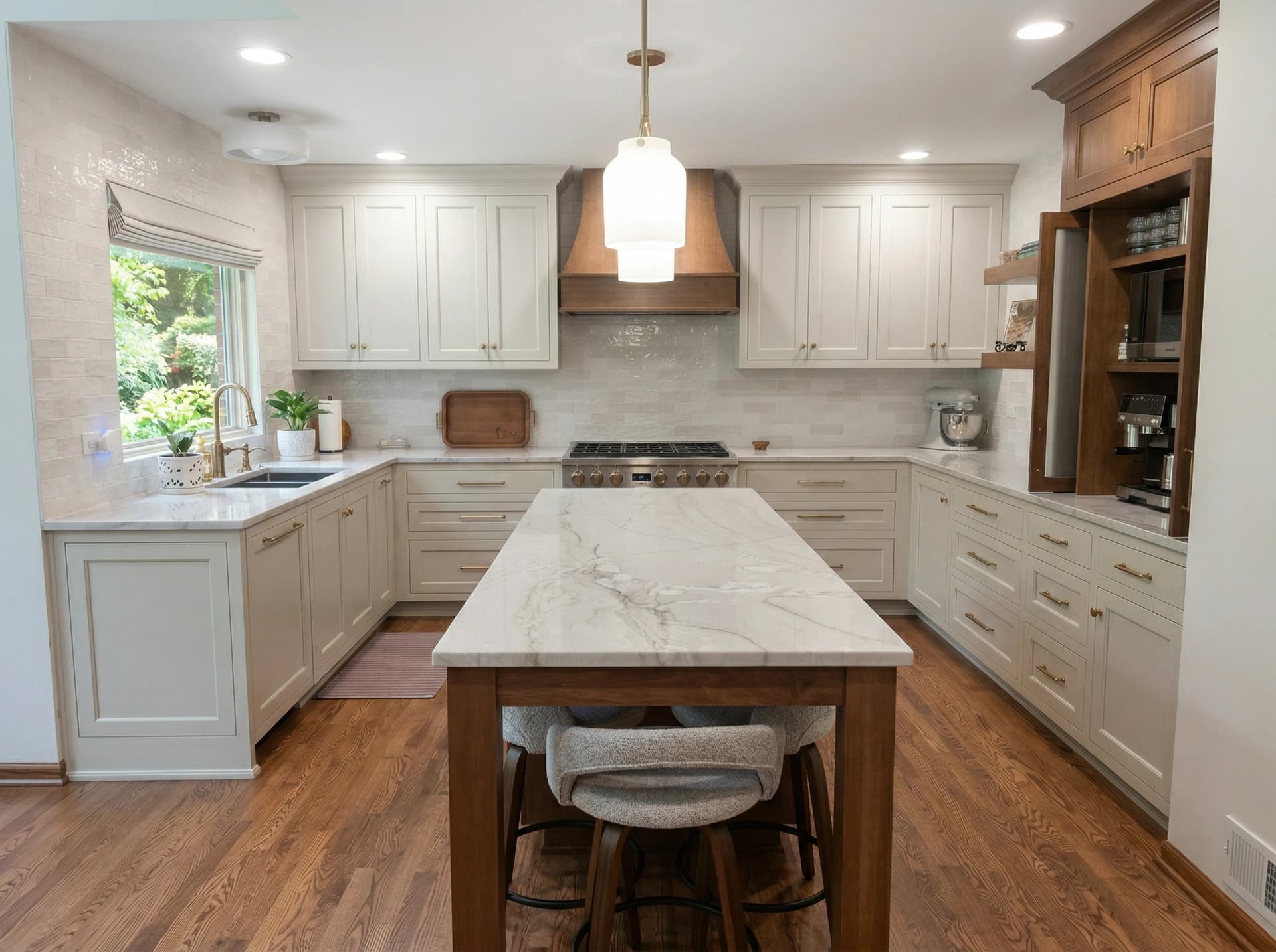 Elegant kitchen with marble countertops, white cabinets, gray appliances, and wooden floor.