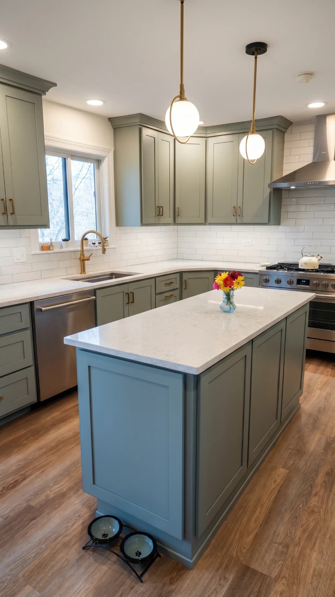 Kitchen island in modern home remodel with dark cabinets and white countertops.