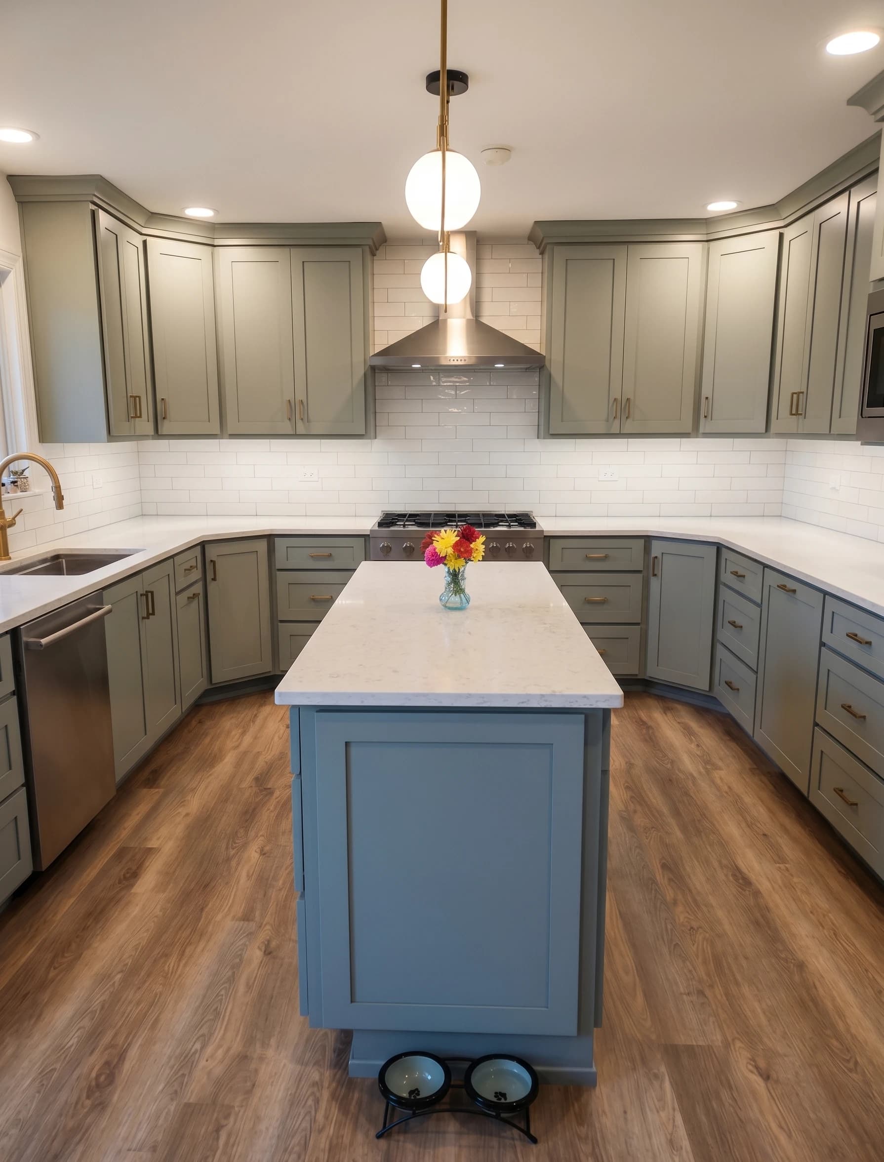 Large kitchen with grey cabinets, marble countertops, and white tile backsplash.