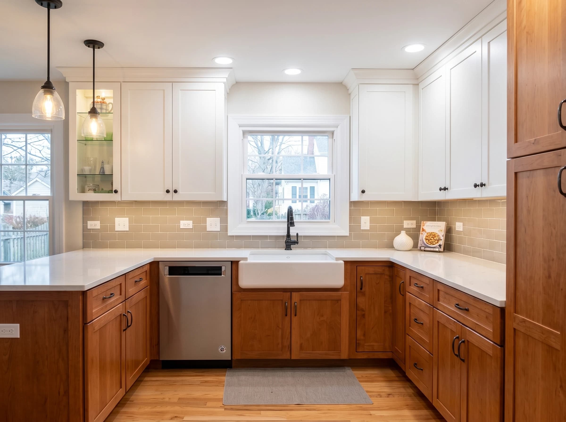 This is a large kitchen with modern appliances, oak cabinets, white countertops, and gray subway