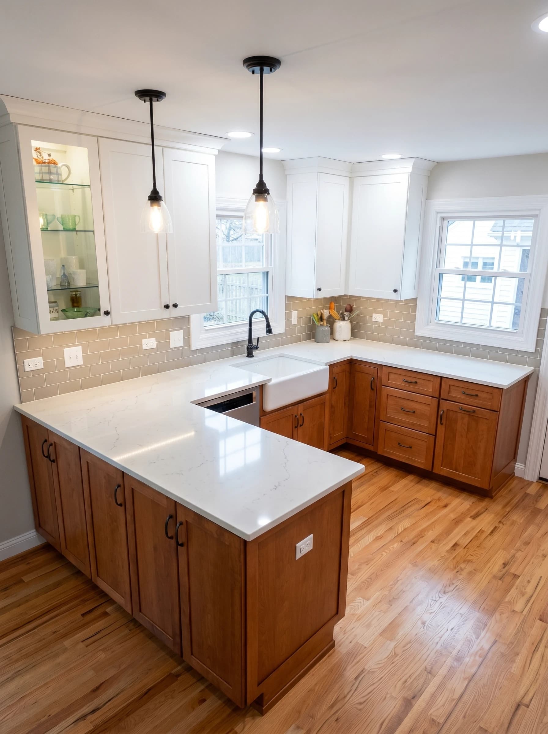 This kitchen is a modern design featuring white cabinets, granite countertops, and a central island.