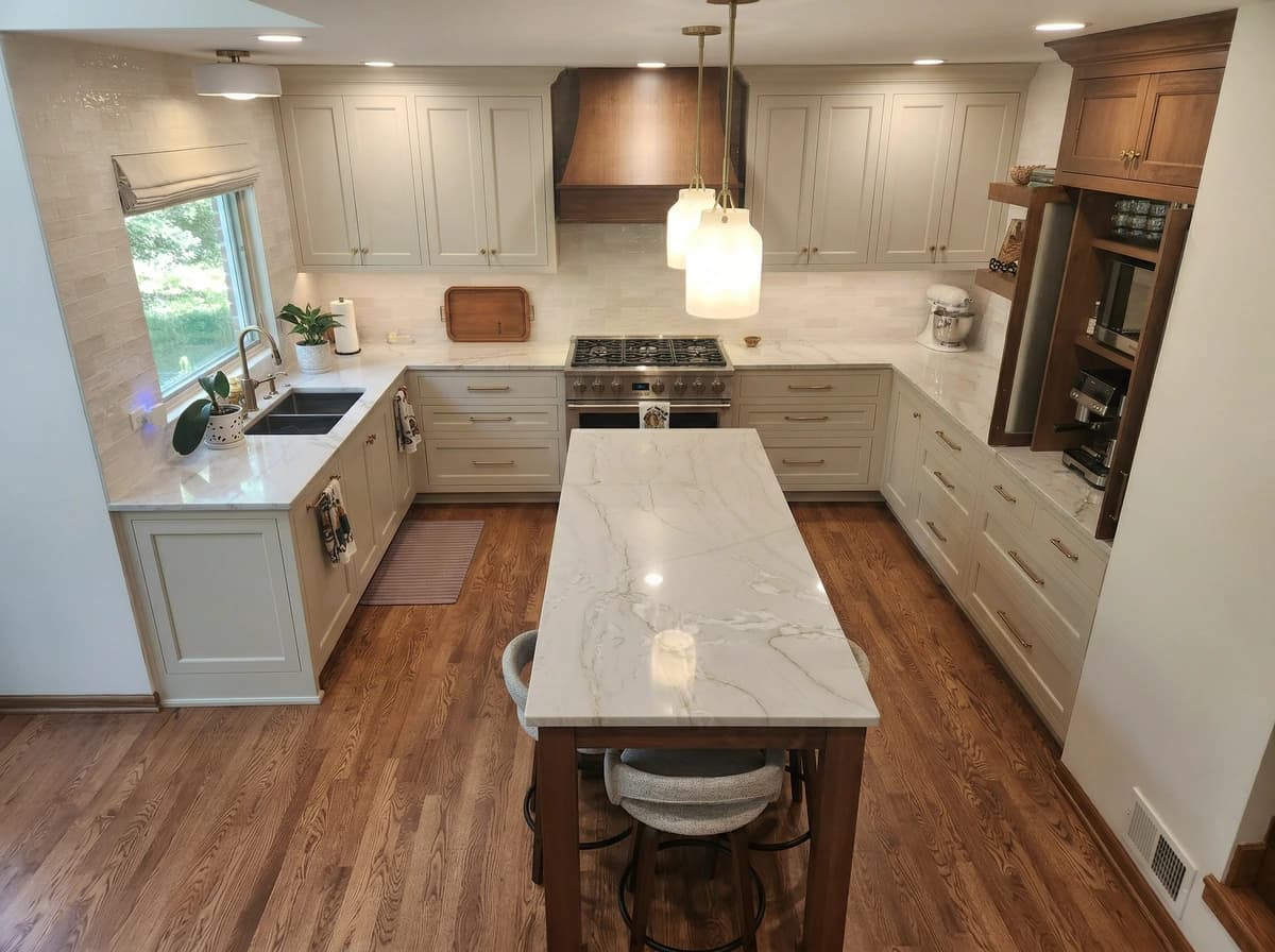 Large, modern kitchen with white marble countertops, white cabinets, and a dining table.