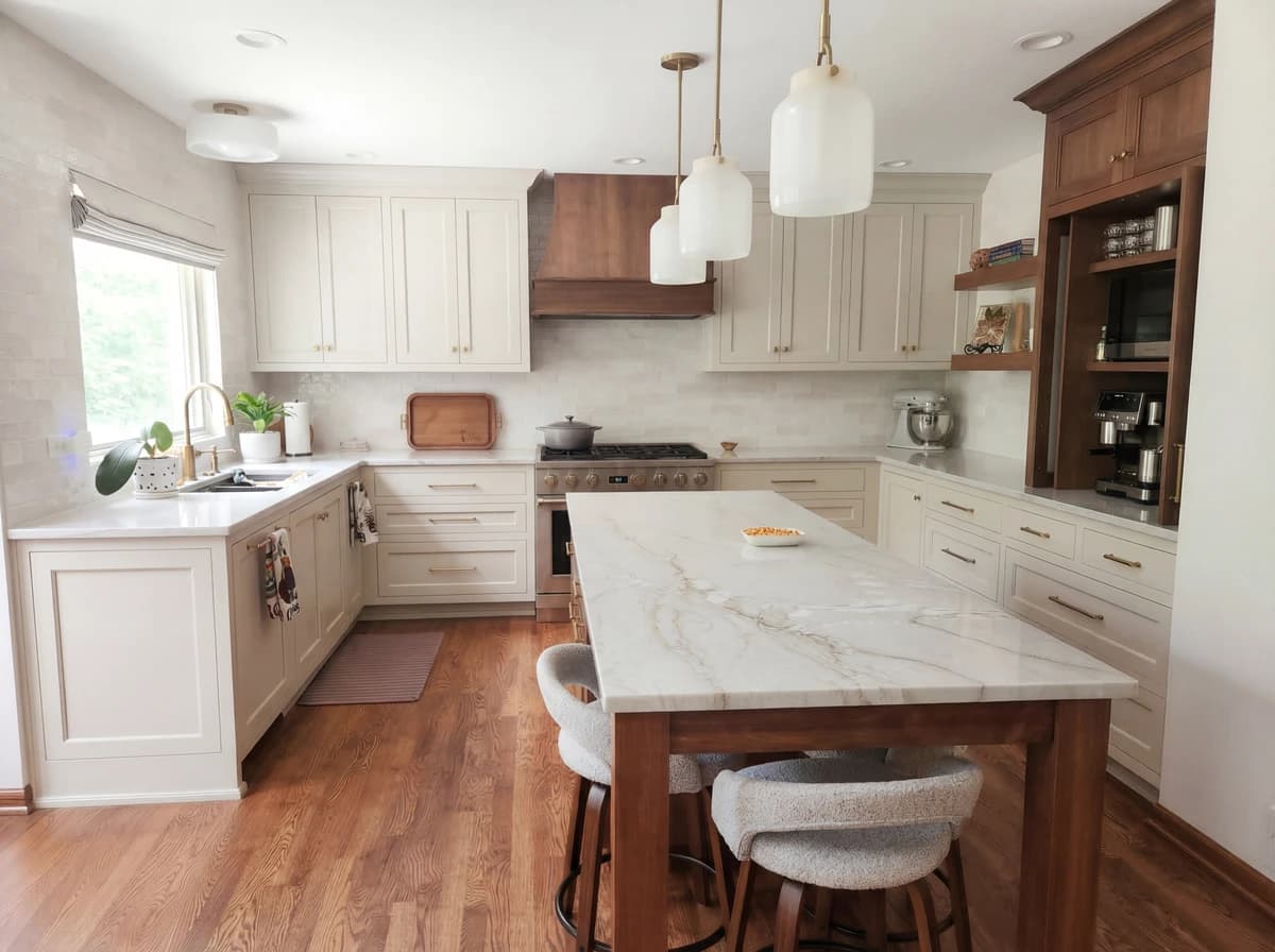 Modern kitchen with marble countertops, wooden cabinets, and stainless steel appliances.