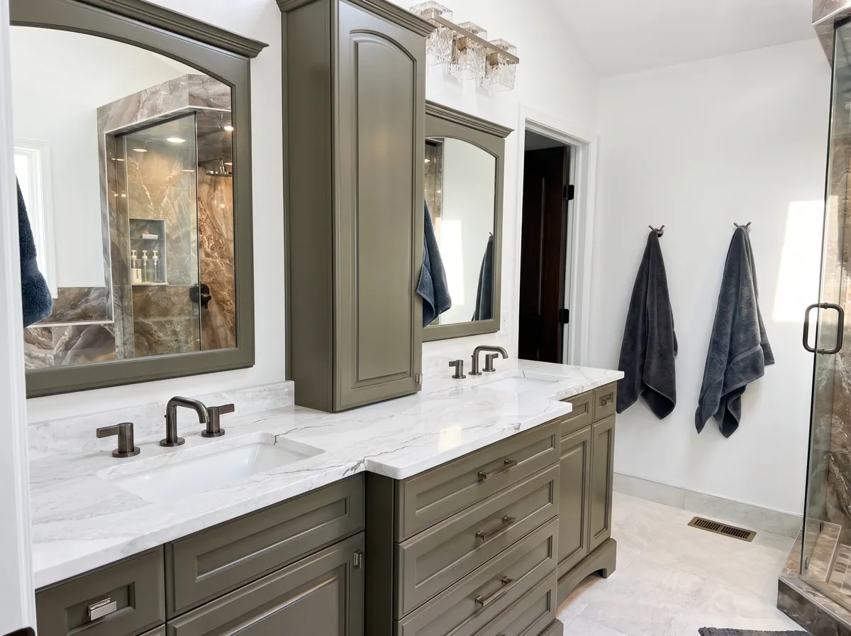 Primary bathroom with olive green double vanity, white marble countertops, bronze faucets, arched mirror, and tall linen cabinet.