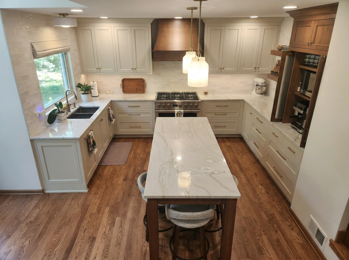 Large, modern kitchen with white marble countertops, white cabinets, and a dining table.